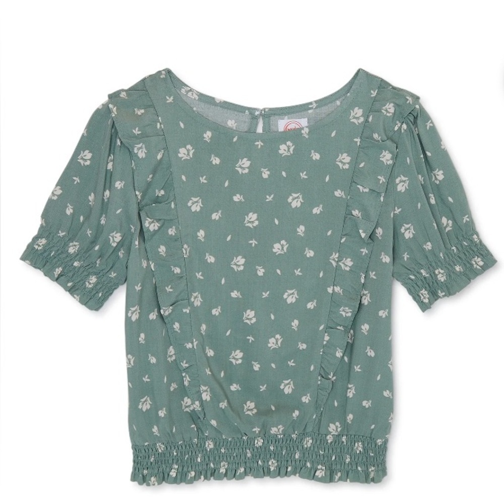 Wonder Nation Green Floral Blouse with Puff Sleeves